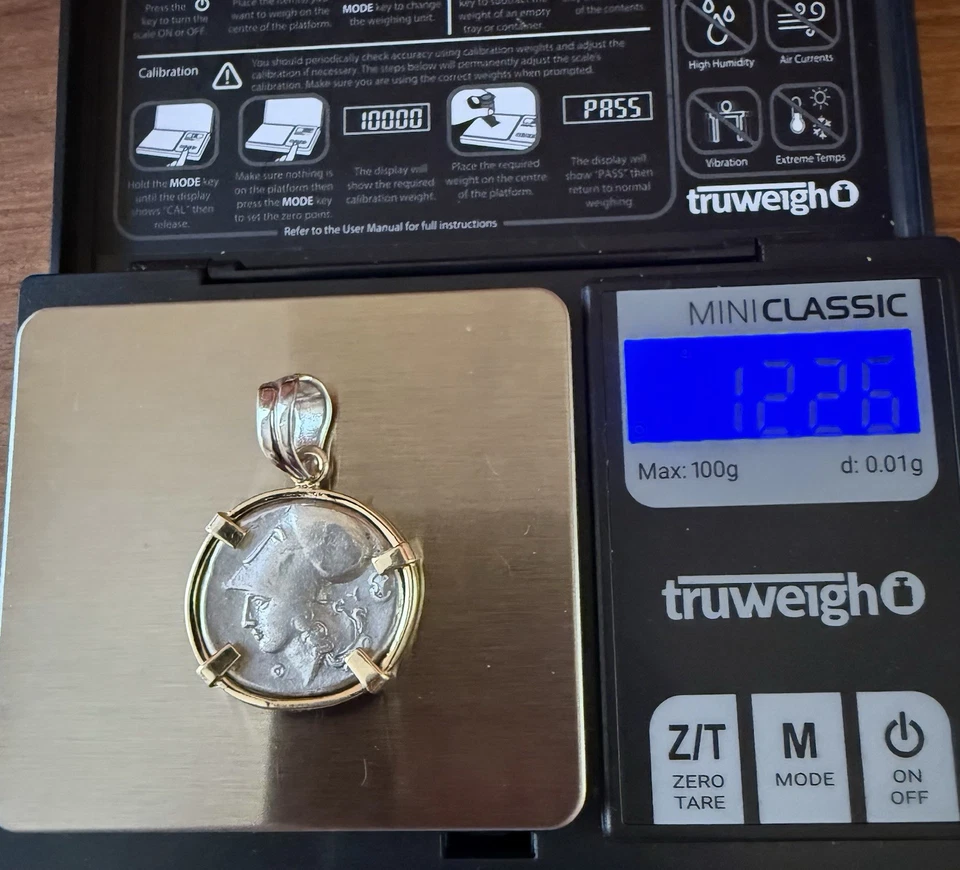 Moneda de plata griega Corinto AR Stater Pegaso y Atenea 300 aC colgante de oro 14k Foto 3 de 3