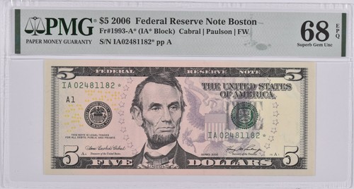 PMG Superb Gem Unc 68 EPQ $5 2006 US FRN STAR Fr#1993-A* *2220
