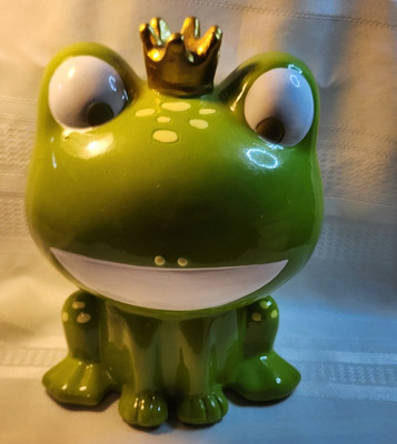 Ceramic Frog Prince Coin Bank Piggy Bank Figurine Green w/ Gold Crown