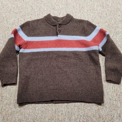 L.L. Bean Sweater Mens 2XL Brown Striped Lambswool Mock Neck Button 526755