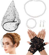 5 Pack Fascinators Veil Mesh Headband Set Black Half Gloves Pearl Jewelry Set fo