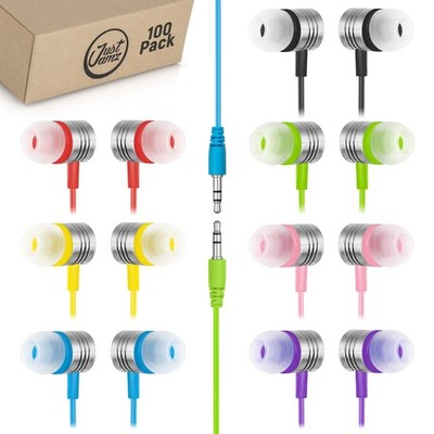 JustJamz 100 Pack Bulk Earbuds   Colorful Wired Ear Buds for Classroom, St