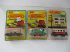 Matchbox Lesney Superfast SF24 Shunter, SF25 Flat Car, SF44 Passenger, carded