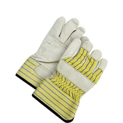 Bdg 40-9-173Ft Leather Gloves, Cowhide Palm, Safety Cuff, White / Blue/Yellow,