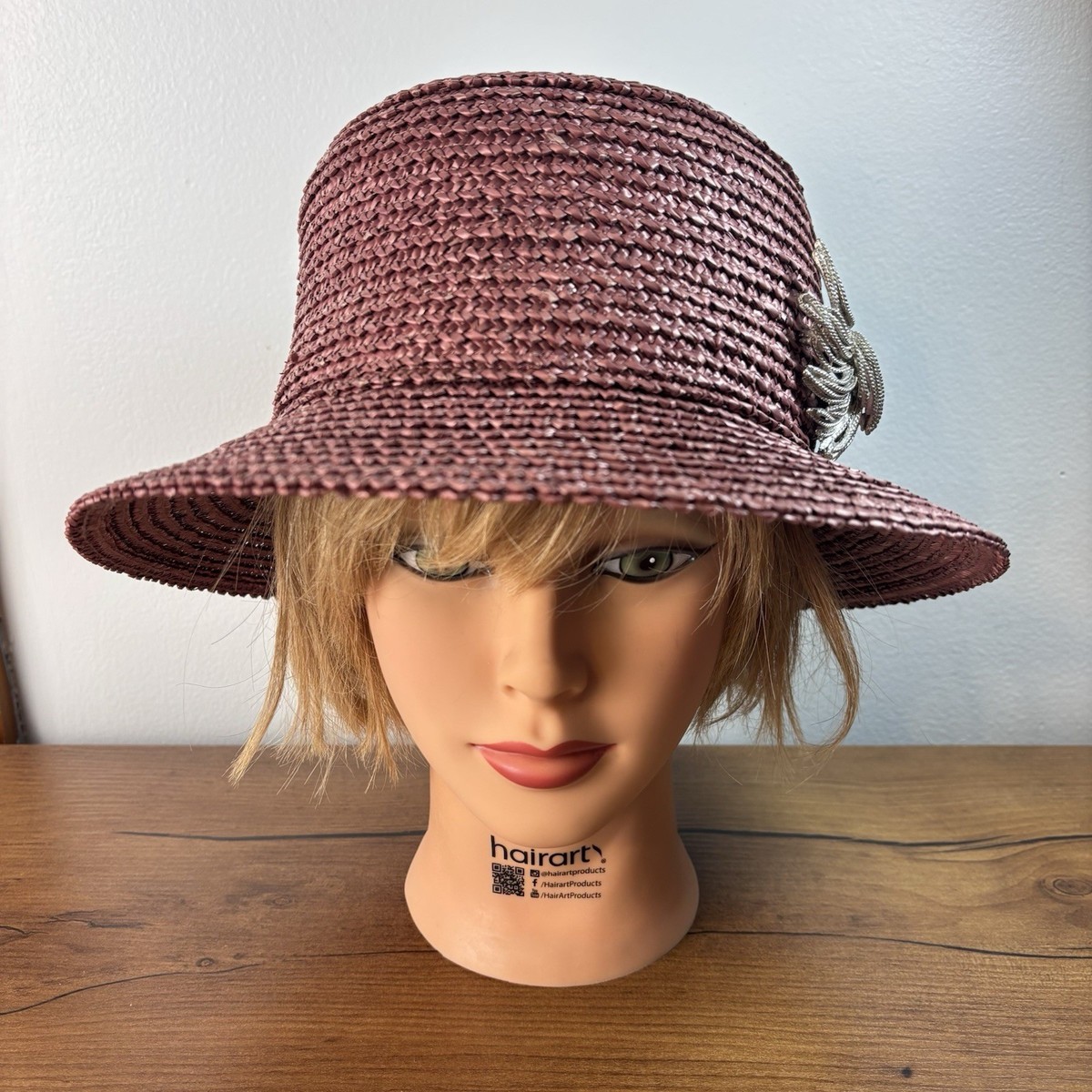 Eric Javits Woven Straw Cloche Bucket Hat Burgundy w Metallic Feather Brooch USA Eric Javits Woven Straw Cloche Bucket Hat Burgundy w  main image 4