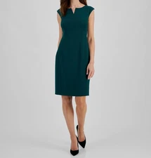 Kasper Women's Green Solid Notched Neck Cap Sleeve Sheath Dress Petite Size 10P