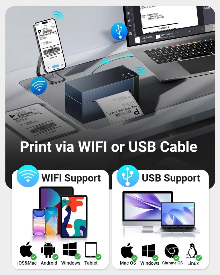 Thermo Etikettendrucker WLAN+USB 300 DPI Versandetikettendrucker für DHL Hermes - Bild 2 von 4