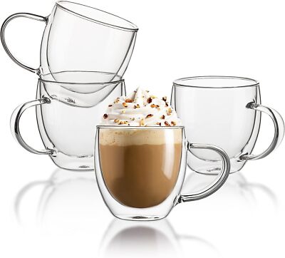 Clear Coffee Mugs - 8 oz Double Wall Glass Coffee Mugs Set of 4 Perfect for  E... | eBay