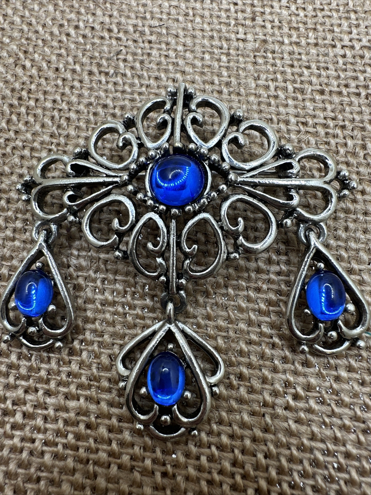 Blue Cabochon Dangle Drop Silver Tone Brooch - image 5