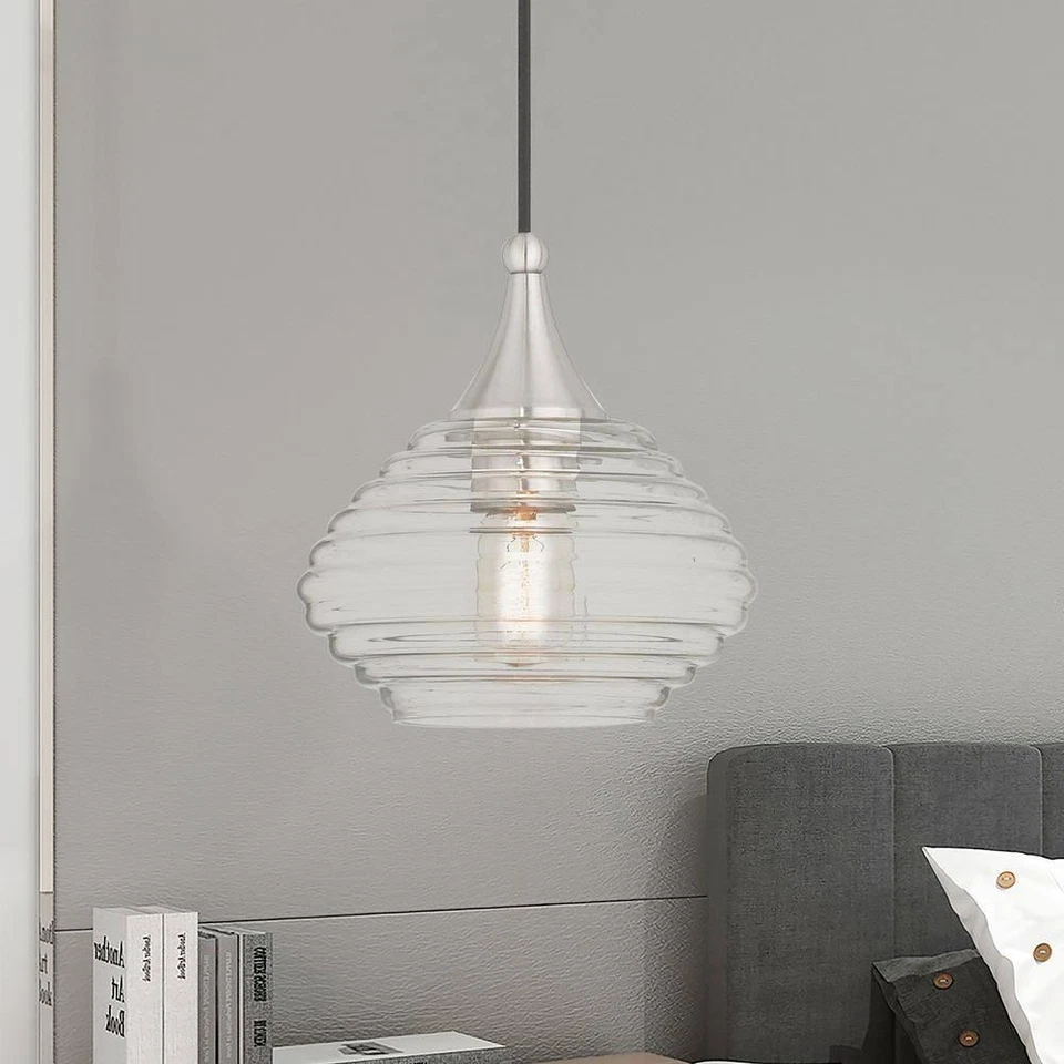 Mini colgante Livex Lighting Island de vidrio 8,25" 1 luz enchufable níquel cepillado Foto 3 de 4