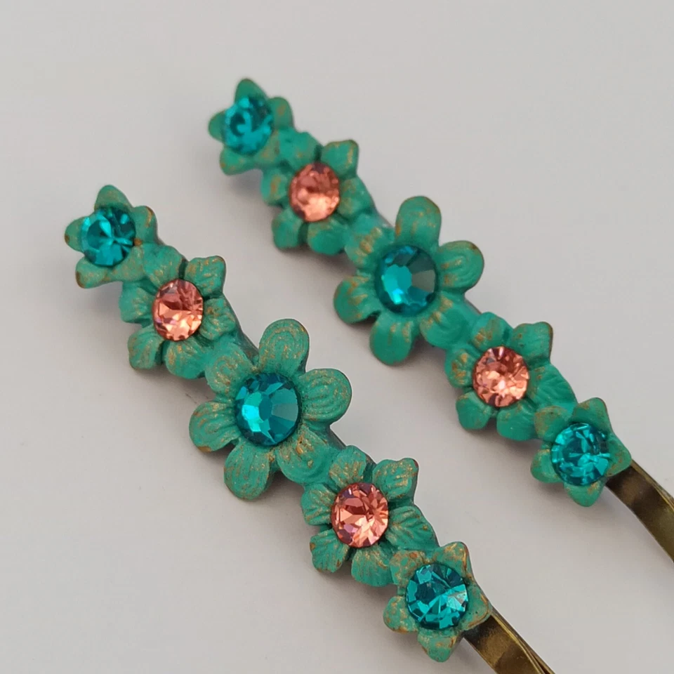 Horquilla Michal Negrin Flores Azul Turquesa Lote 2 Cordones Par Cristales Regalo Foto 3 de 4