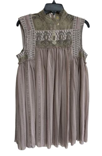 Free People Kleid Gr. Medium taupe Chiffon Spitze Perlen hochgeschlossen ärmellos - Bild 2 von 8