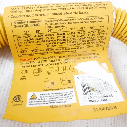 Jones Stephens 1"OD x 36"L 3/4"FNPTx 3/4"MNPT Gas Line Connector Fitting Hose - Picture 5 of 6