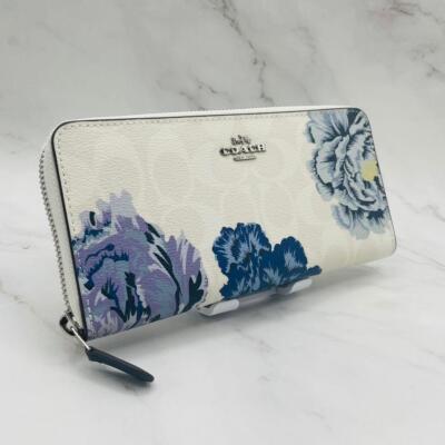 COACH Long zip wallet F6656 Signature White & Blue flowers chalk