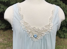 Vtg Lorraine Baby Blue Nylon Lace Sleeveless Nightgown Long Maxi Sheer Sz S