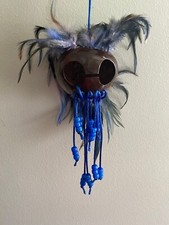 Blue Black Feathers Ikaika Hawaiian Warrior Helmet 2.5" Coconut Brown Car Decor