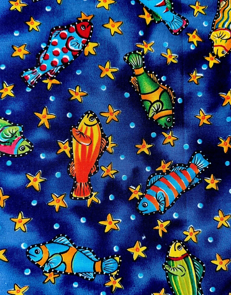 Vtg Cotton Floral Fish Fabric 43”x2.1Y Fish In a Big School Great—For Children - Image 2 of 4