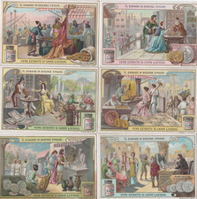 FIGURINE LIEBIG SERIE COMPLETA IL DENARO IN DIVERSE EPOCHE  N°921 ANNO 1908