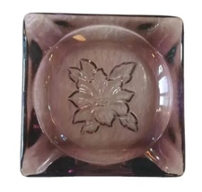VINTAGE PURPLE FLOWER  GLASS ASHTRAY  SMALL SQUARE 3.75" MID CENTURY MCM