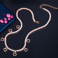 Gold Plated Heart Pendant Cubic Zirconia Charm Tennis Necklace Women Bridal Gift