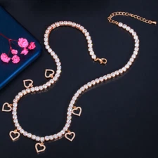 Gold Plated Heart Pendant Cubic Zirconia Charm Tennis Necklace Women Bridal Gift
