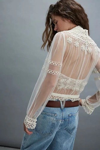 FREE PEOPLE FOREVER ROMANCE BLUSE TOP SPITZE TRANSPARENT XS UVP 198 $ MARSHMALLOW - Bild 3 von 9