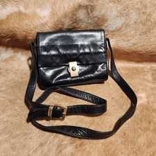 Vintage Perlina Black Leather Crossbody Bag With Buckle Closure  Adjustable Str