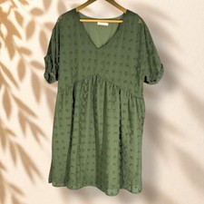 Kirundo Dress Women XL Green Shift Short Embroidered V-Neck Short Sleeve Lined