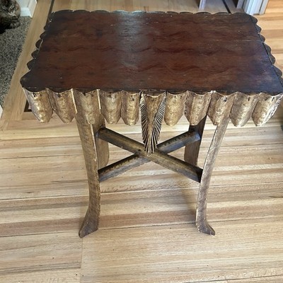 Vintage Palm Frond Tramp Art Table   Folk Art Accent Table,  Handmade