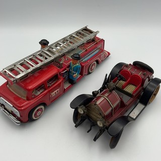 Vintage Tinplate Toy Lot Schuco Mercer 1225 Car & Fire Engine