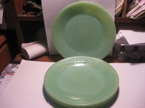 4 Green Jadeite Jane Ray Ribbed 7 3/4” Salad Plates Fire King Oven Ware