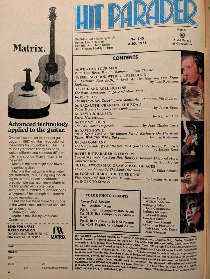 HIT PARADER Magazine August 1976 Bad Co., Bowie, Lynyrd Skynyrd, Zeppelin poster - Image 3 of 4