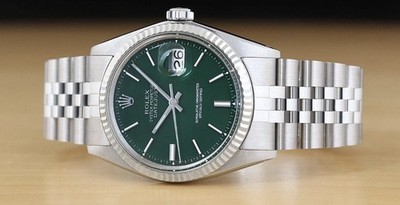 ROLEX MENS DATEJUST 1601 GREEN DIAL 18K WHITE GOLD STEEL WATCH w/ JUBILEE BAND