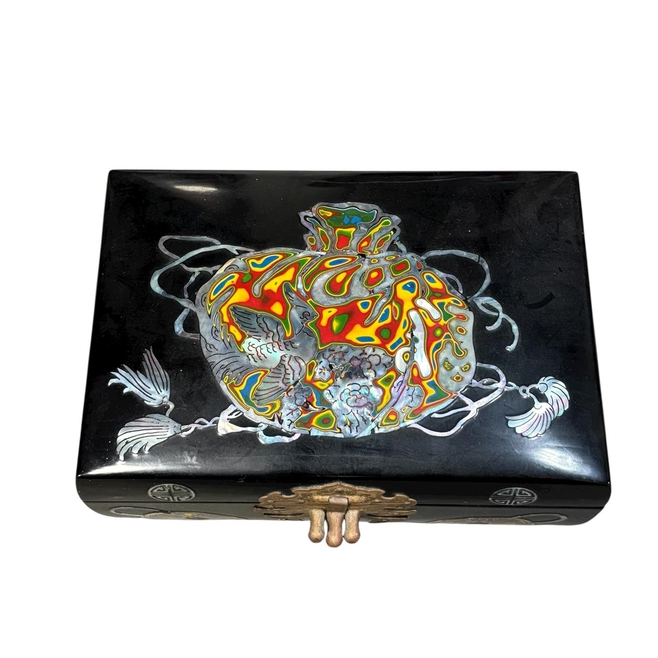 Chinese Black Lacquer Jewelry Box Brass Lock Red Velvet Inlay Double Gourd - Image 3 of 4