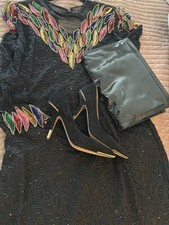 80s 90s Vtg Laurence Kazar Beaded Sequin Silk Black Dress Size M Dynasty Gatsby