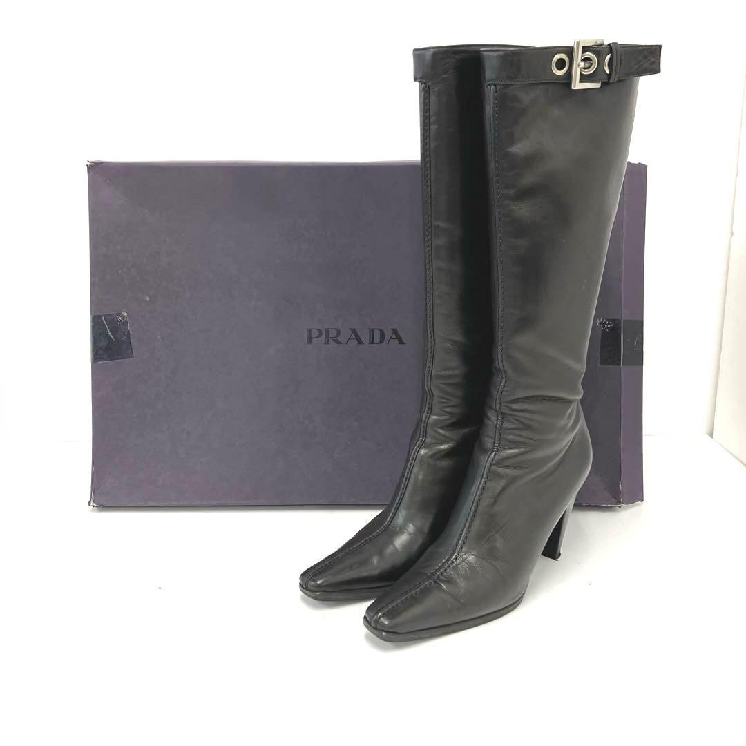 PRADA Long Boots Shoes EU 37.5 US 7.5 Leather Black Used Item Good From Japan
