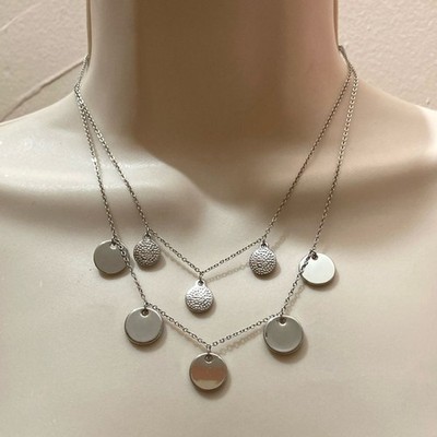 Express 2 Strands Silver Tone Necklace Shiny and Crystal Paved Dangling Discs