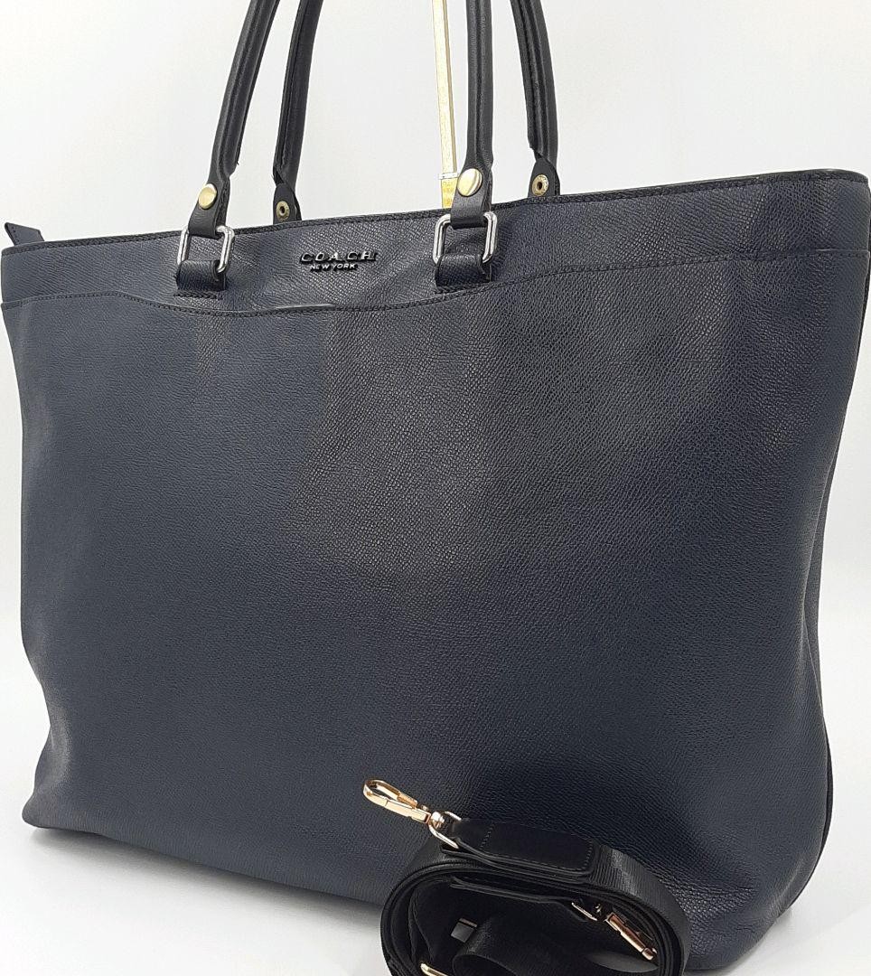 Coach Navy Leather & Canvas Business Tote with Metallic Logo 2-Way Carry