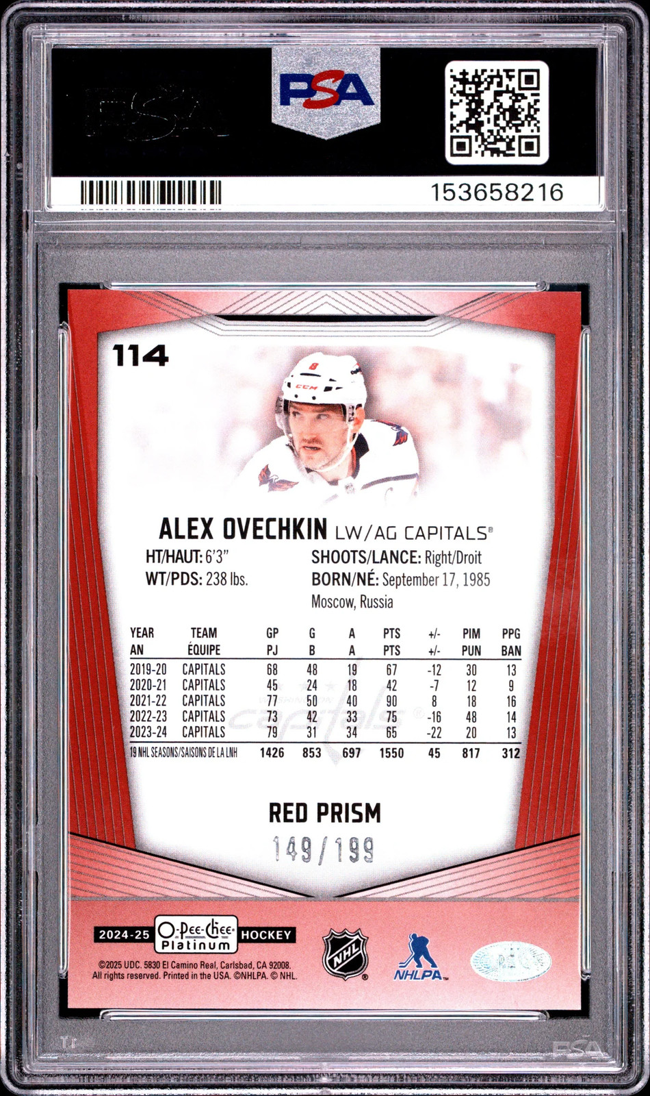 2024/25 O-Pee-Chee Platinum Alex Ovechkin #114 Red Prism 149/199 PSA 10 POP 1 view 2