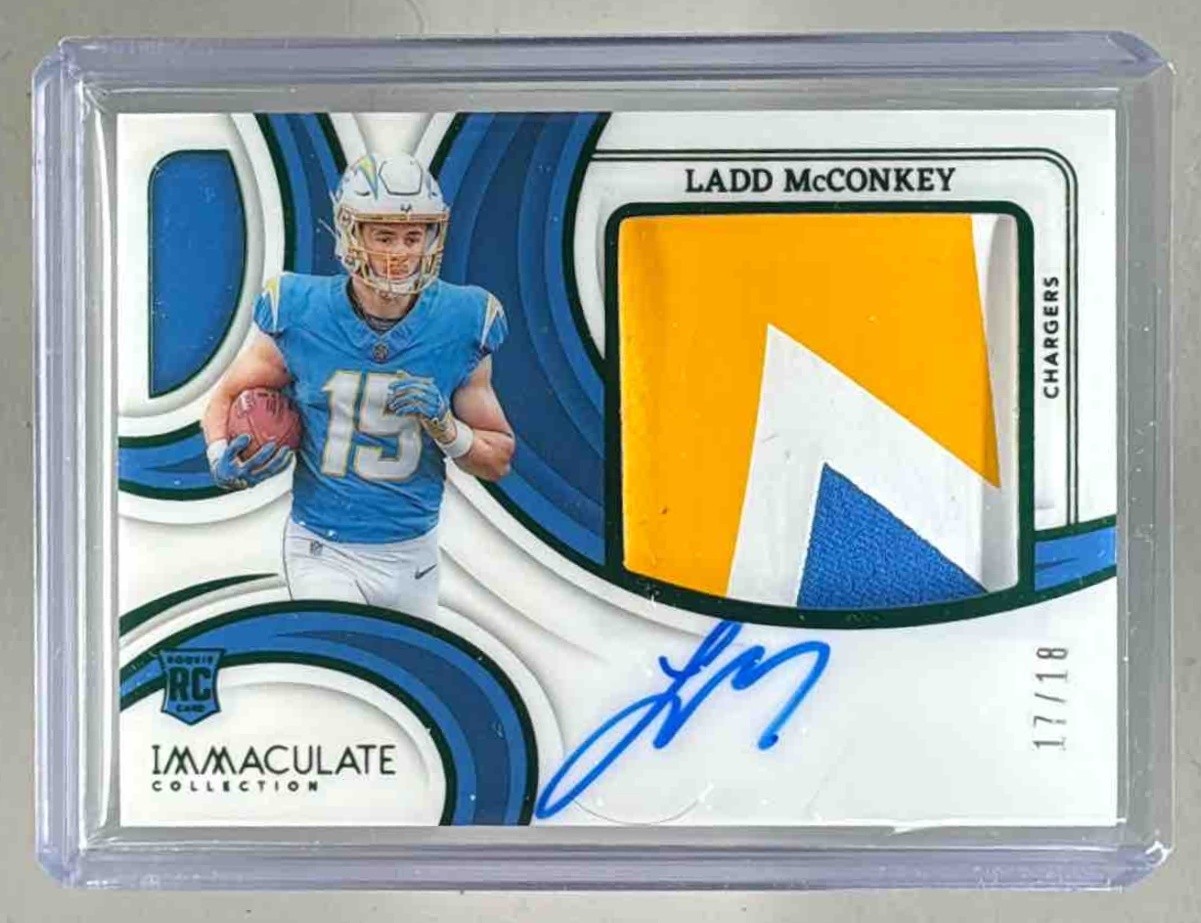 Ladd McConkey 2024 Panini Immaculate Emerald Premium Rookie Patch Auto RC /18