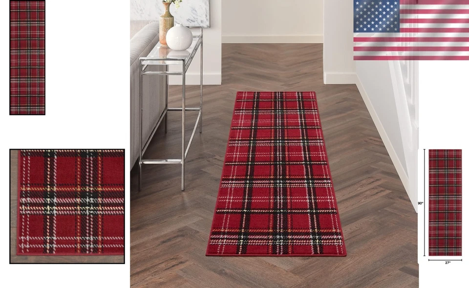 Alfombra de corredor a cuadros roja duradera sin desprendimiento 2'3" x 7'6" para áreas de alto tráfico Foto 2 de 4