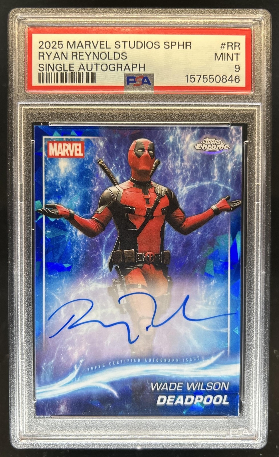 2025 Topps Chrome Marvel Sapphire Ryan Reynolds as Deadpool Auto #AA-RR PSA 9 view 1