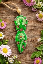 Japanese Flower Green Spiral Goddess Pendant -Wicca Pagan Spiritual Handmade