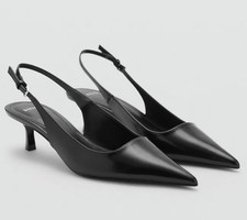 MANGO MNG BLACK FAUX LEATHER KITTEN HEELS SLINGBACK PUMPS SHOES 38 7.5
