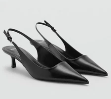 MANGO MNG BLACK FAUX LEATHER KITTEN HEELS SLINGBACK PUMPS SHOES 38 7.5