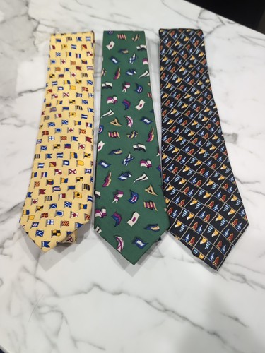 THREE Flag Silk Neck Ties Blackw/Flags Greenw/Flags Yellow w/International Flags