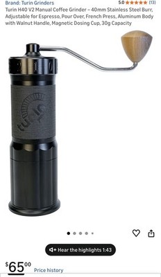 Turin Grinders H40 V2 Burr Coffee Grinder 40mm Adjustable Walnut handle 