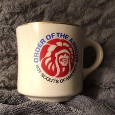 BSA Vintage Boy Scouts of America Coffee Mug Cup ORDER OF THE ARROW Gold Rim