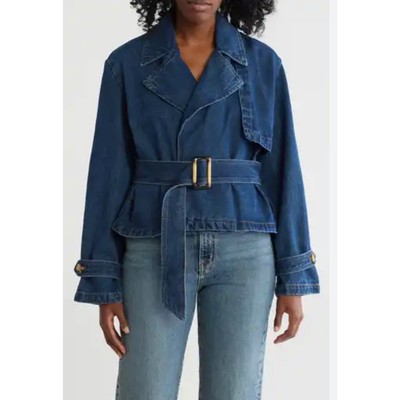 Classic Denim Belted Short Trench Coat Large 