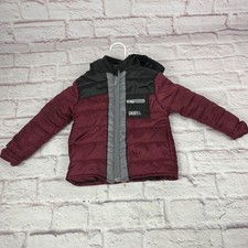 DKNY Puffer Jacket Boys 2T Red Black Hooded Quilted Full Zip Colorblock Coat